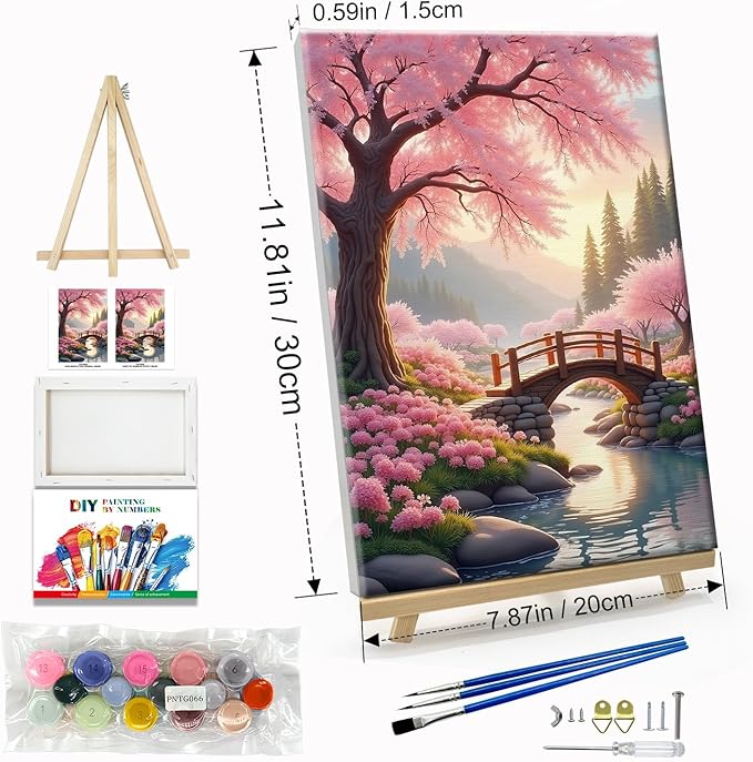 JOOZ Sakura Paint by Numbers Kit for Adults with Frame Landscape Paint by Number with Easel Lake Adult Paint by Number Kits Framed Canvas Mountain Oil Painting Kits for Home Wall Decor 8x12 Inch