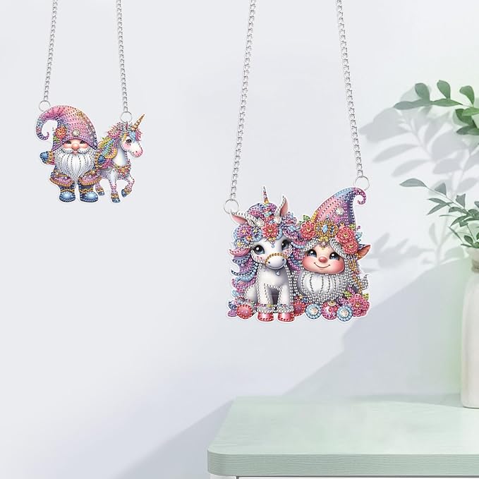 JISHSHAY 2 PCS Diamond Painting Pendant Gnome Dwarf Unicorn Diamond Art Wind Chimes Special Shaped Crystal Suncatcher Diamond Art Ornaments Diamond Painting Hanging for Garden Wall Door Window Decor