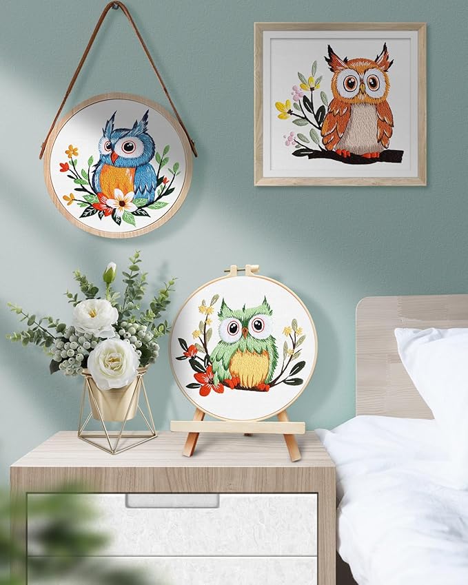 TINDTOP Embroidery Kit for Adults, Owl Embroidery Practice Kit for Adult Beginners Include Embroidery Cloth Hoops Threads for Craft Lover Hand Stitch with Embroidery Skill Techniques