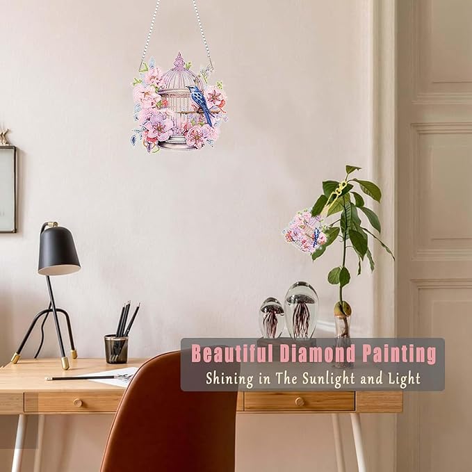 Masendp Birdcage Diamond Painting Double-Sided Hanging Ornament Set, DIY Irregular Shaped Rhinestone Window Decoration Set, Suitable for Home and Garden Wall Decoration Gifts