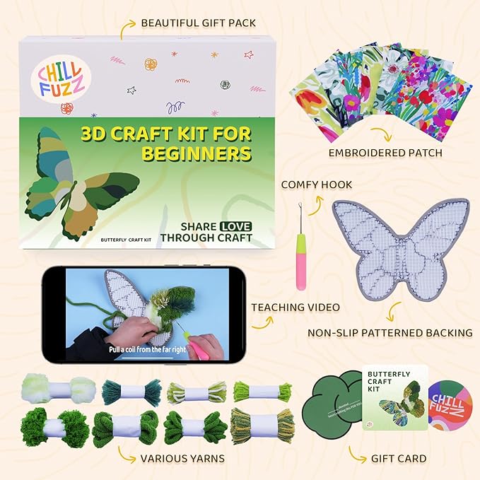ChillFuzz DIY Boho Butterfly Coaster Kit Handcrafted Yarn Craft Set for Adults & Teens Colorful Crochet Coasters Beginner-Friendly DIY Home Decor Green Latitude37N