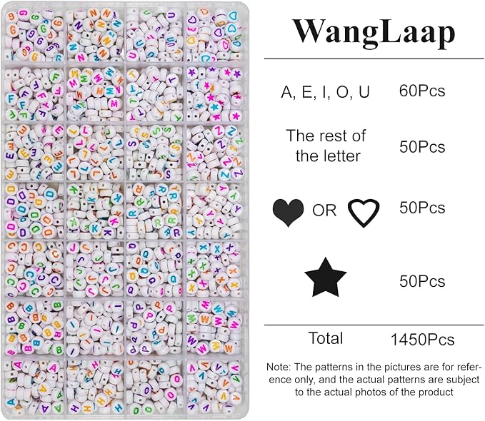 1450Pcs Acrylic 4x7mm Round Letter Beads Kits Alphabet A-Z (Extra for Vowel Letter) Colorful Heart and Star Beads for Bracelets Necklaces DIY Jewelry Making (White and Color)