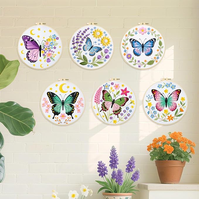 ORIGACH 6 Pack Butterfly & Flower Wreath Embroidery Kits for Beginners, DIY Starter Hand Embroidery Kit with Floral and Butterfly Patterns and Instructions for Adults Women Crafting