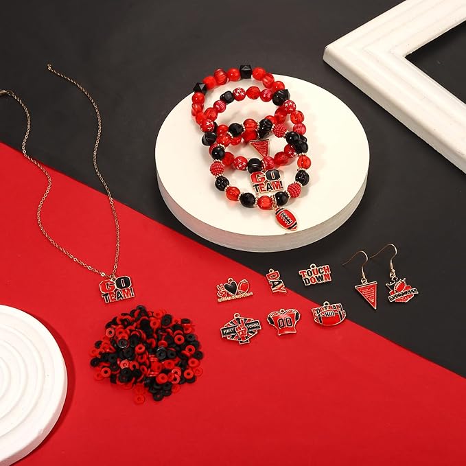 3000PCS+ Game Day Beads for Bracelets Making Red Black Clay Heishi Beads Pearl Acrylic Letter Bead Enamel Football Charms for Bracelet Earrings Necklace Making DIY Game Day Accessories (Red Black)