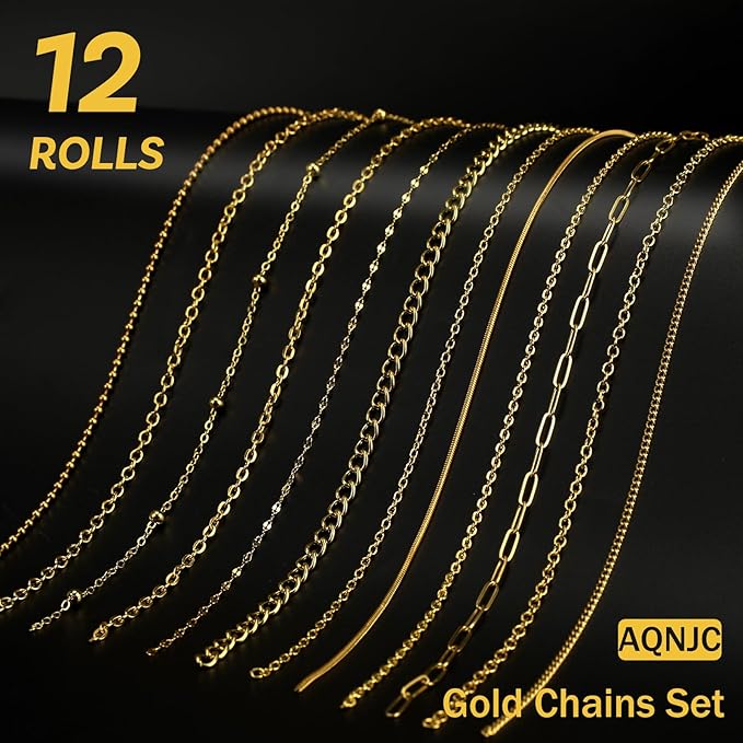 AQNJC Gold Chain for Jewelry Making, 98 Feet 12 Rolls Jewelry Chains with Gold Charms for Women DIY Necklace Bracelet Making Supplies with Jump Rings, Lobster Clasps, Connectors