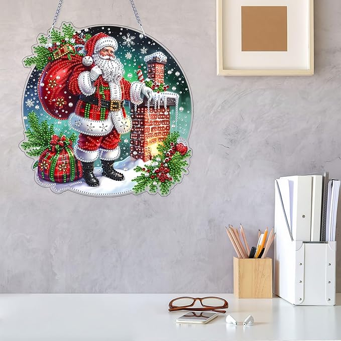 VODAPYC Christmas Diamond Art Hanging Kit for Adults, DIY Double Sided Special Shaped Diamonds Art Window Pendant Ornament for Home Decor(Santa Claus-2)