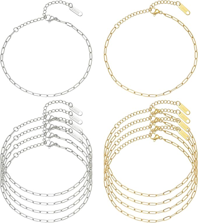 Swyabi 10 PCS Paperclip Chain Bracelet Kit 6.5 Inch Stainless Steel Charm Bulk Bracelets with Extender for DIY Jewelry Making (Gold + Steel）