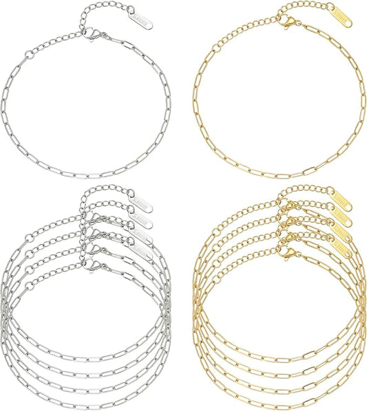 Swyabi 10 PCS Paperclip Chain Bracelet Kit 6.5 Inch Stainless Steel Charm Bulk Bracelets with Extender for DIY Jewelry Making (Gold + Steel）