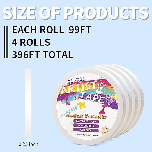 4 Packs Artist Tape Medium Tack White Art Tape for Watercolor Paper Drafting Art Painting Canvas Framing Acid Free Masking Tape- 0.25IN Wide 396FT Long Total