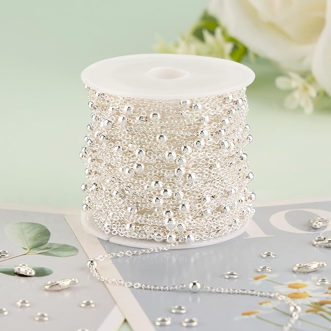 KYUNHOO 32.8 Feet Beaded Chain for Jewelry Making Thin Cable Chains Bulk Silver Jewelry Supplies for Women Men DIY Handcrafts with Lobster Clasps Jump Rings