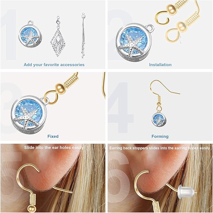 925 sterling gold earring hooks 120 pcs/60 pairs, ear wires fish hooks, hypo-allergenic jewelry findings parts with 120 pcs clear silicone earring backs stoppers