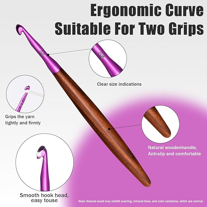 Giwrmu Crochet Hooks, 4.5mm Ergonomic Crochet Hook, Available in 3mm-7mm, Colored Aluminum Crochet Hook with Wooden Handle Crochet Needle for Crocheting Yarn