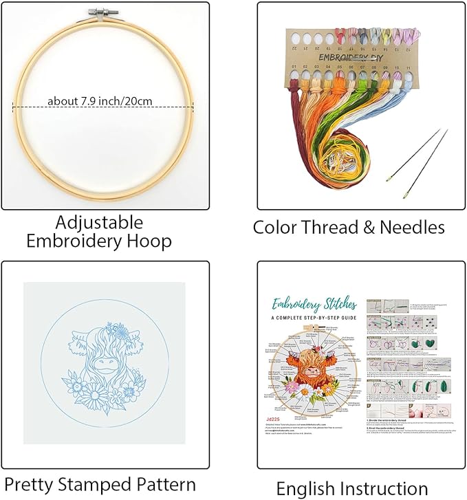 Louise Maelys Highland Cow Embroidery Kits for Beginners,Cross Stitch Kit for Adults,DIY Needlepoint for Starters Including Cloth Hoop Needles Instruction and Threads
