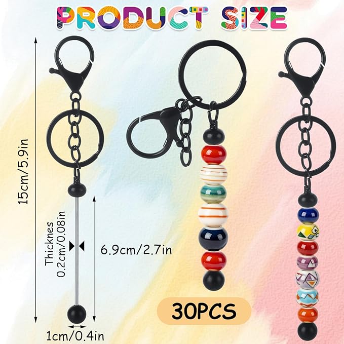 STARVAST 30PCS Beadable Keychain Bars for Beads, Stainless Steel DIY Keychain Blanks Kit, Metal Keychain Making Supplies for Jewelry, Charms & Custom Projects (Black)