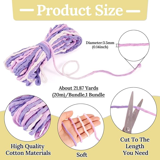 21.87 Yards Medium Slate Blue Single Strand Macrame Cord 3.5mm Gradient Colored Cotton Cord Colorful Twine Bohemia Soft Cotton Rope Yarn for DIY Craft Knitting Crochet Wall Plant Hanger Home