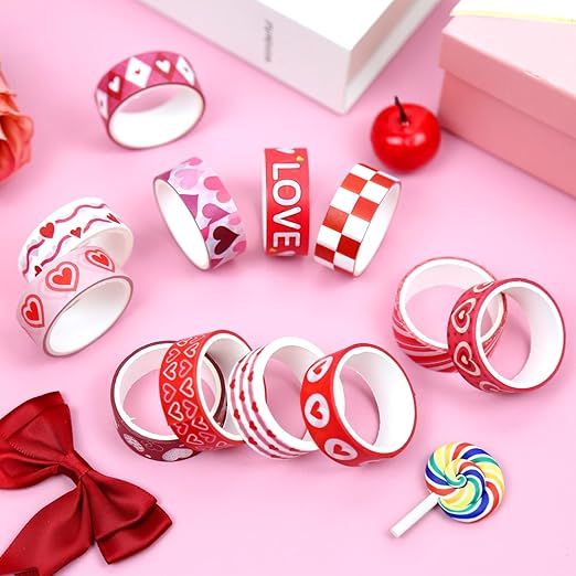 12 Rolls Love Heart Washi Tape Set, Pink Red Decorative Tape Valentine Stripe Dots Masking Tape for Journaling Supplies,Wedding Party,Junk Journal, Scrapbooking, Planner, DIY Arts & Crafts