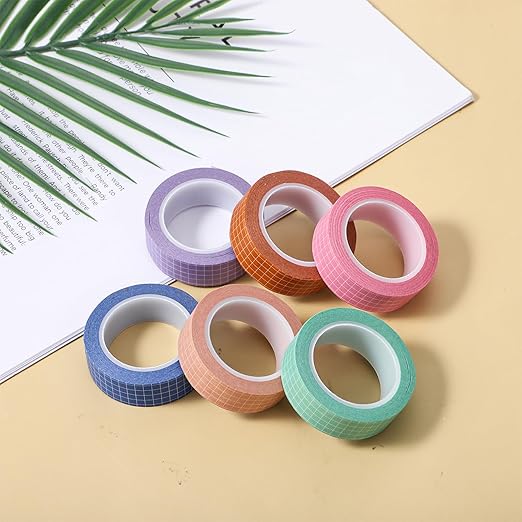 6 Rolls Grid Washi Tape Set, 0.4" x 32ft Decorative Plaid Masking Tapes Assorted Adhesive Arts Thin Checkered Washi Tape Scrapbook Tapes for Planners, Scrapbooking, DIY Crafts, Journals, Gift Wrapping