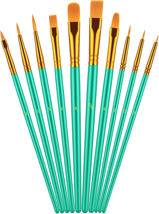 Paint Brush Set, 10 Pcs Paint Brushes for Acrylic Painting, Round Pointed Tip Detail Small Paint Brush for Oil Watercolor Canvas Face Body Boards Rock, Adult Drawing Arts Crafts Supplies, Green