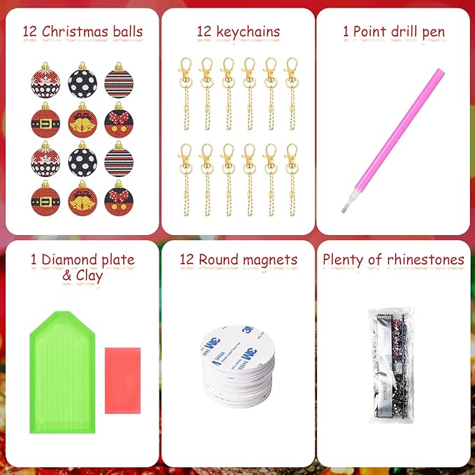 Cinrobiye 12 Pieces Christmas Diamond Painting Keychains Kits with Tools Christmas Ball Diamond Art Hanging Ornaments DIY Xmas Refrigerator Decor Craft Kits for Holiday Party (Ball1)