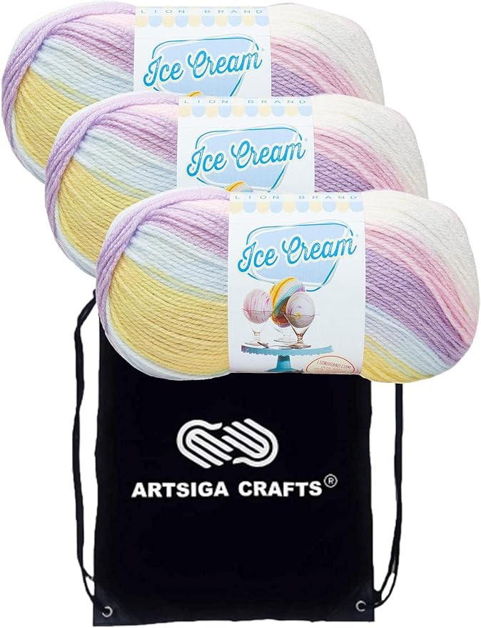 Lion Brand Ice Cream Cotton Candy 923-201 (3-Skeins - Same Dye Lot) Baby Sport #2 Acrylic Yarn for Crocheting and Knitting with Project Bag