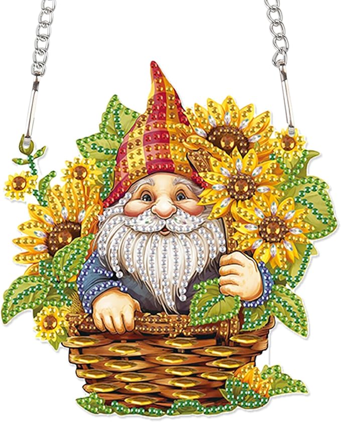 AiYuanzsh Gnome Diamond Art Kits for Adults – Sunflower Gnome Diamond Painting Hanging Ornament, 5D DIY Diamond Art Kit for Home Décor, Window, Gift & Suncatcher