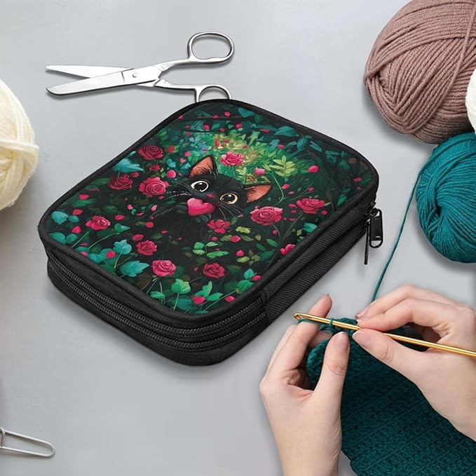Hechitok Black Cat Heart Rose Crochet Hook Case Zipper Storage Organizer Bag with Pockets for Various Crochet Needles/Knitting Accessories/Crochet Hook Kit Tools