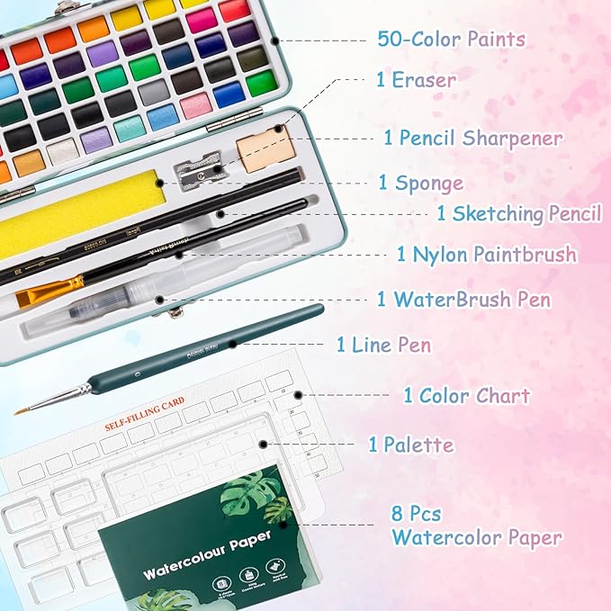 50 Colors Watercolor Paint Set, Watercolor Set with Watercolor Paper, Palette, Brushes, Water Color Art Supplies for Beginner Artists Adults Mothers Day Gifts for Mom