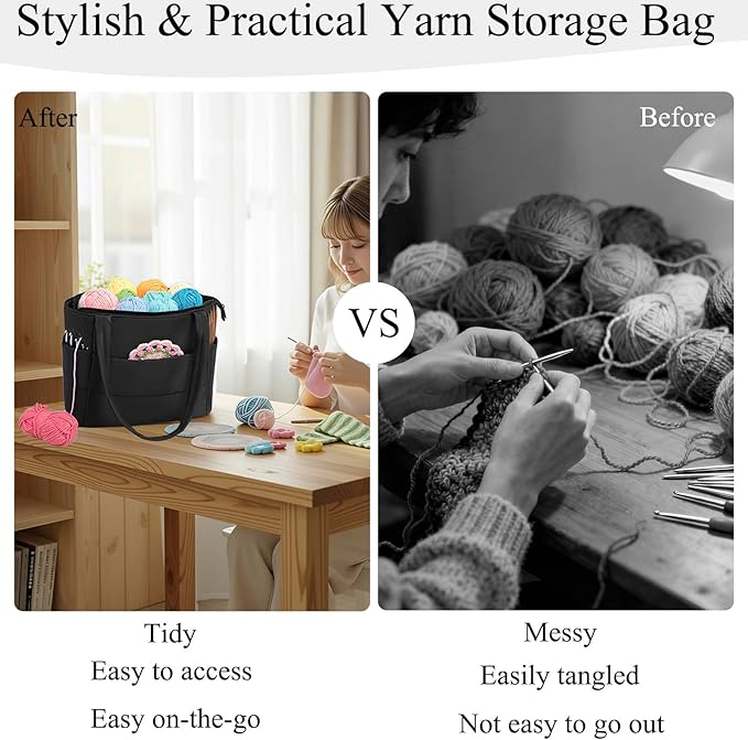 Crochet Bag for Yarn Storage, Puffer Knitting Bag with Soft Handles, Lightweight Yarn Storage Organizer with Zipper for Crochet Accessories, Gifts for Crocheters (Black)