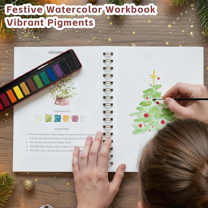 Watercolor Workbooks, Beginner Watercolor Painting Kit – 12 Colors Paint Set with Brush – Perfect for Gifting to Spark Creativity & Joy for Teens & Adults (Christmas)