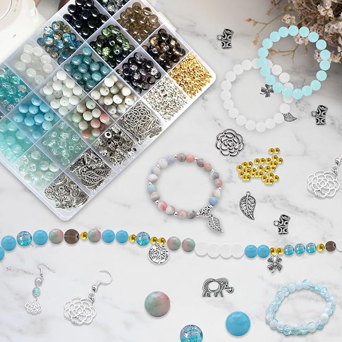 Glass Beads for Jewelry Making 18 Colors, Round Glass Beads Including 2-8mm Bead spacers, Blue Round Beads for DIY Jewelry Making Supplies for Adults, Bracelet Necklace Earring Making kit