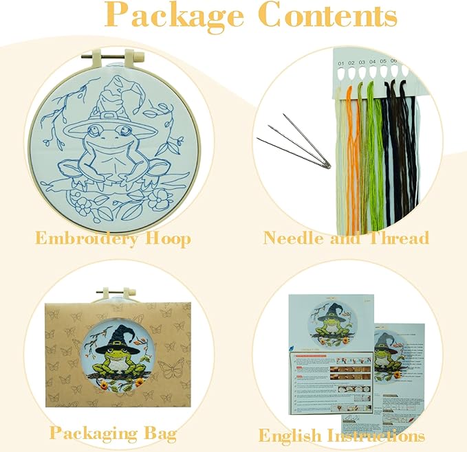 Floral Witch Hat Embroidery Kit Halloween Cross Stitch Material Set with Bat Skull Flower Pumpkin Patterns, DIY Hand Needlepoint Embroidery Craft Kit for Beginners Professional (Witchy Frog)