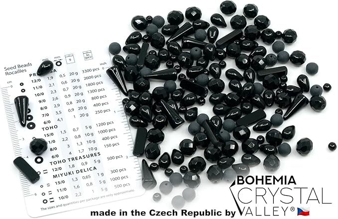 2.1oz (60g) of Glass Bead Mix with Drops, Table-Cut and fire Polish Czech Beads, Glossy & Matte Black