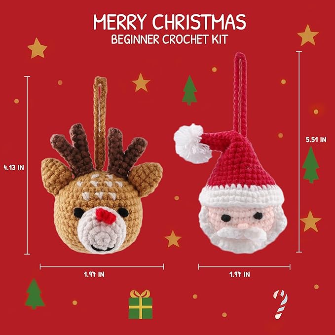 HOUSE CREATIVITY Christmas Crochet Kit for Beginners – Make Santa Claus & Reindeer Ornaments, Amigurumi Crochet Starter Kit with Video Tutorial, Yarn & Hook, DIY Holiday Tree Decor Gift