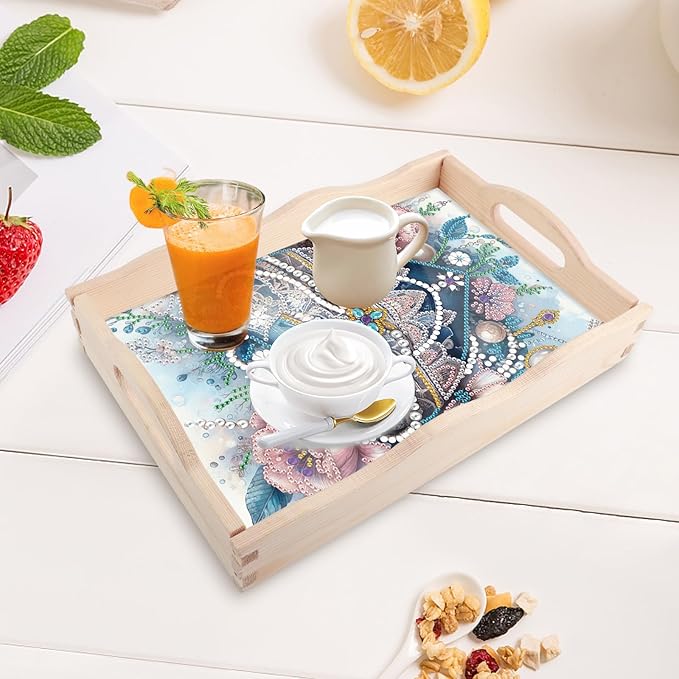 AiYuanzsh DIY Diamond Art Wooden Tray with Handle, Blue Jewel Heart with Flowers Design, Diamond Painting Mosaic Kit, Creative Craft Diamond Art Tray for Coffee Table and Home Organizer