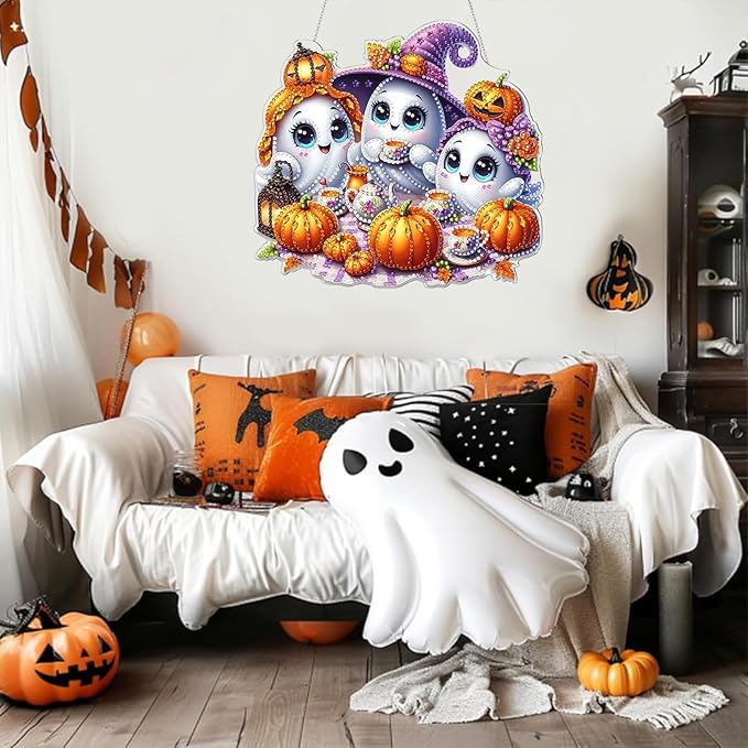 Diamond Art Hanging Kits for Adult, Fall Pumpkins Crafts Decor 5D DIY Acrylic Diamond Art Painting Ornaments, Window Pendants Wall Hanging Kits for Home Garden