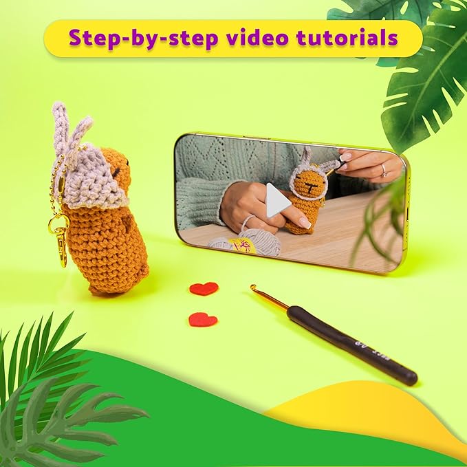 Berstuk Wiggles & Pompom – Hoppy Capybara Crochet Kit for Beginners – Easy Amigurumi Animal Kit with Yarn, Hook, Keychains & Video Tutorials – Cute DIY Gift for Adults & Teens