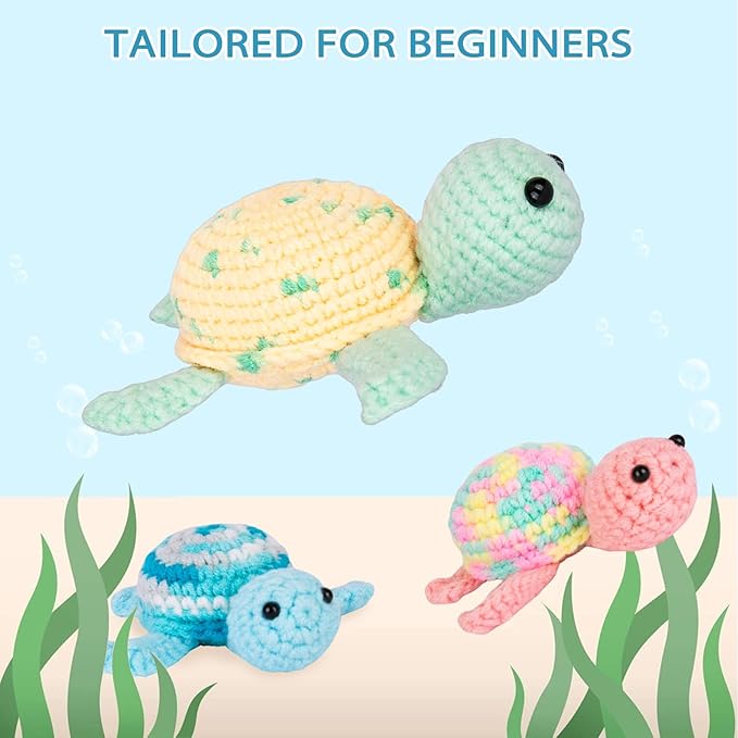 Crochetta Crochet Kit for Beginners, Beginner Crochet Kit for Adults with Step-by-Step Video Tutorials, DIY Crochet Animal Kits Knitting Supplies, 3 Pack Turtle (40%+ Yarn)