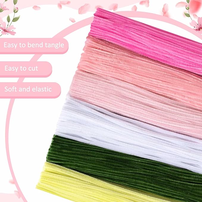 Peryiter 371 Pipe Cleaners Flowers Set, Mixed Colors Chenille Stems Bulk with Floral Wires, Gardening Tape, Stamen for DIY Flower Making Kit, Gift Idea for Mother's Day(Pink, Green, Yellow)