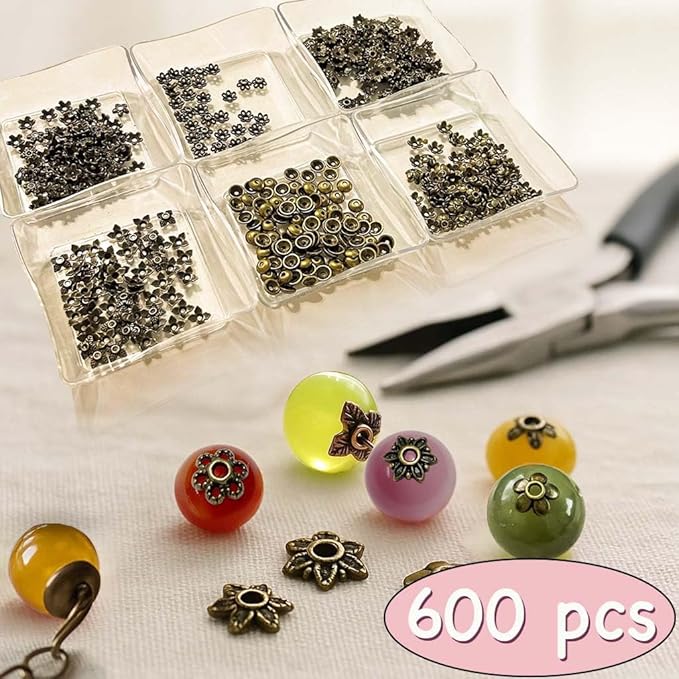 Sparkling Charms Antique Spacer Bead Caps – Mixed Bali & Tibetan Style Metal End Caps for Jewelry Making, Fits 8–14mm Beads, Brass Finish for Bracelets Necklaces Earrings DIY Crafts (Brass, 600pcs)