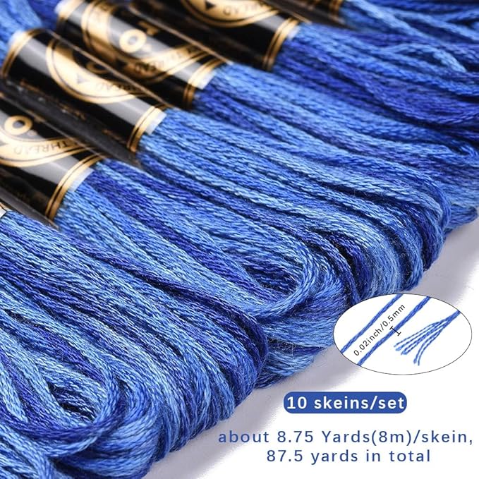 10 Skeins 87.5 Yards 6 Ply Variegated Steel Blue Cross Stitch Floss Segment Embroidery Thread Gradient Friendship Bracelet String Yarn Bulk for Sewing Making Jewelry Needlecraft Knitting