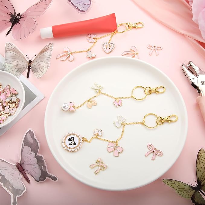 VioraWhite 213 Pcs Lip Gloss Keychain Making Kit 100 Pink Enamel Charms 32.81 ft Gold Chains for DIY Crafts Women(Butterfly)