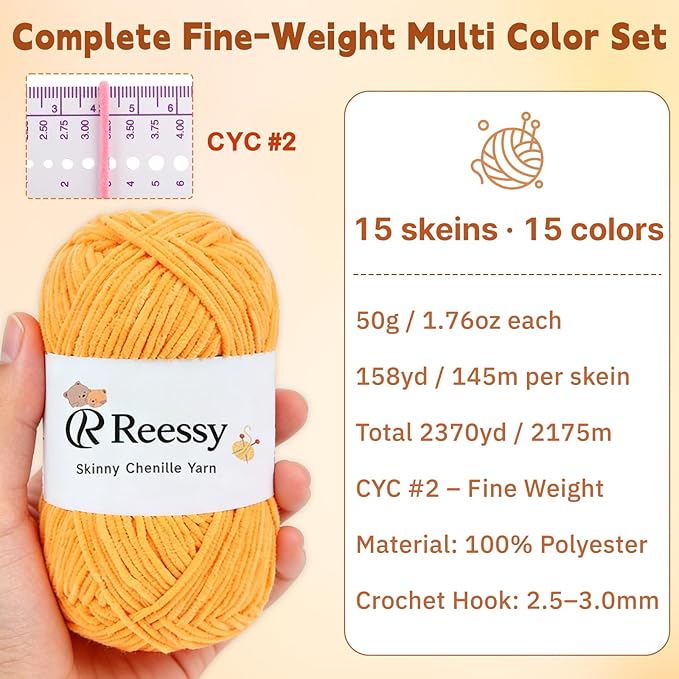 Skinny Chenille Yarn Pack – 15 Skeins Multi-Color Edition(1.76oz/50g Each, 15 Colors, Total 2,370yd) – Multi Color Skinny Chenille Yarn kit CYC#2 – Crochet Starter Kit for Toys, Baby Blanket