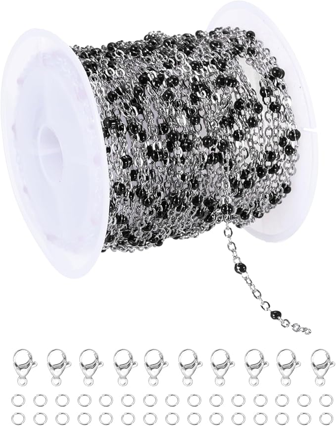 MECCANIXITY Stainless Steel Bead Chain, 16.4 Feet/5M Enamel Beaded Jewelry Link Cable Chains Spool Kit for Jewelry Making, Necklace, Bracelets, DIY Crafts (Silver/Black, Pack of 1)