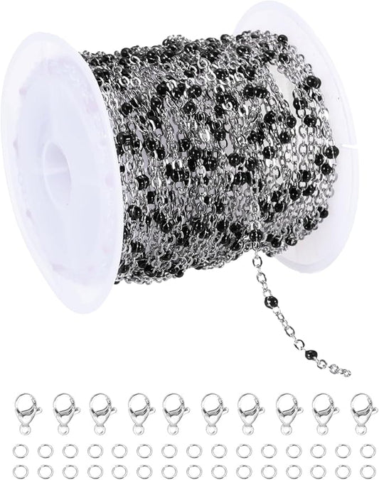 MECCANIXITY Stainless Steel Bead Chain, 16.4 Feet/5M Enamel Beaded Jewelry Link Cable Chains Spool Kit for Jewelry Making, Necklace, Bracelets, DIY Crafts (Silver/Black, Pack of 1)
