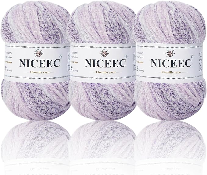 NICEEC 3 Skeins Soft Chenille Yarn Blanket Yarn for Knitting Fancy Yarn for Crochet Weaving DIY Craft Total Length 3×85m (3×93yds, 3×50g)_Foggy Purple