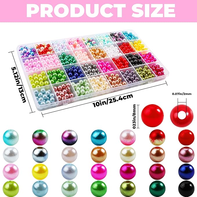 1000PCS Pearl Beads for Jewelry Making - 32 Colorful 8mm Round Pearl Beads for Bracelets, Necklace, Earrings