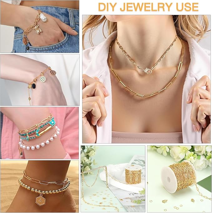 16.4Ft Paperclip Chains Rolls, Charm Necklace Chain 3.2mm Width，18K Gold Necklace Chain for Jewelry Making，Plated Charm Bracelet Making kit with 10 Lobster Clasps and 60 Jump Rings (Gold Combination)