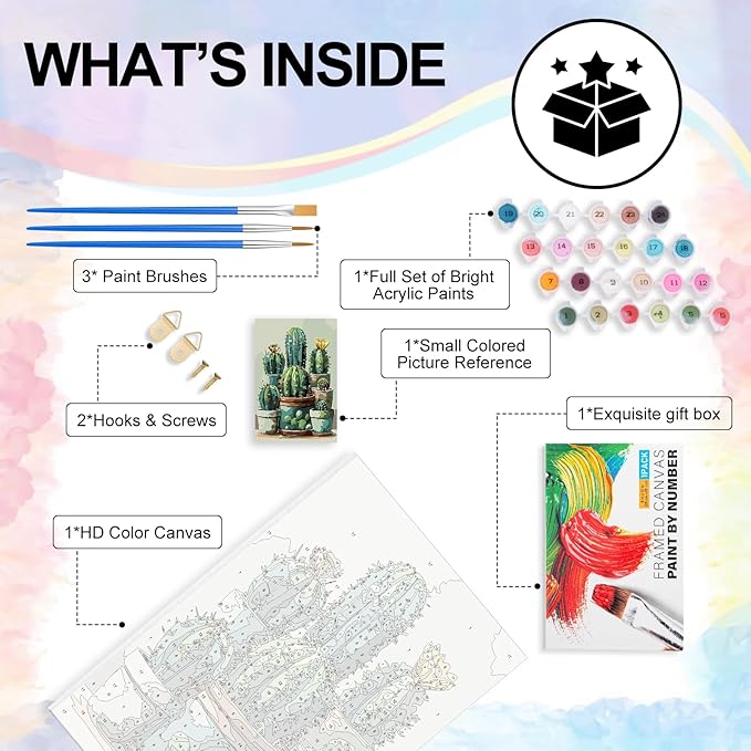 Yezavesu Framed Paint by Numbers Kit for Adults Beginner & Kids Ages 8-12, Cactus Paint by Numbers with Frame, DIY Number Painting for Adults Plant for Home Wall Decor Gift 8X 12 inch
