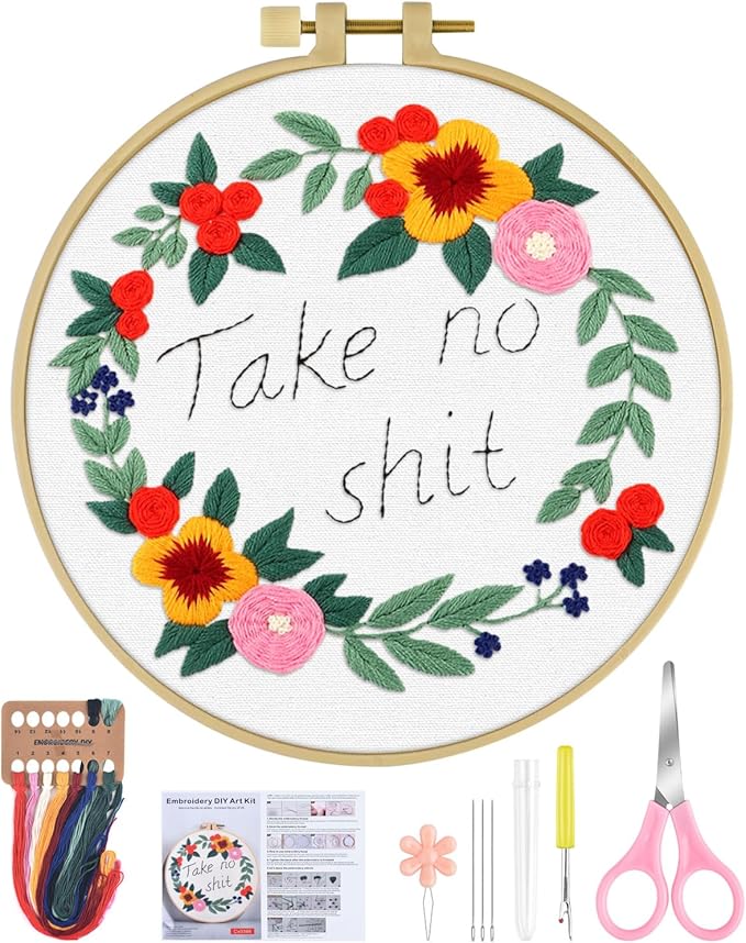 ERKOON Embroidery Kit for Beginners, Flower Cross Stitch Set for Include Embroidery Cloth Hoops Threads for Craft Lover Hand Stitch with Embroidery Skill Techniques (Happiness Wreath)