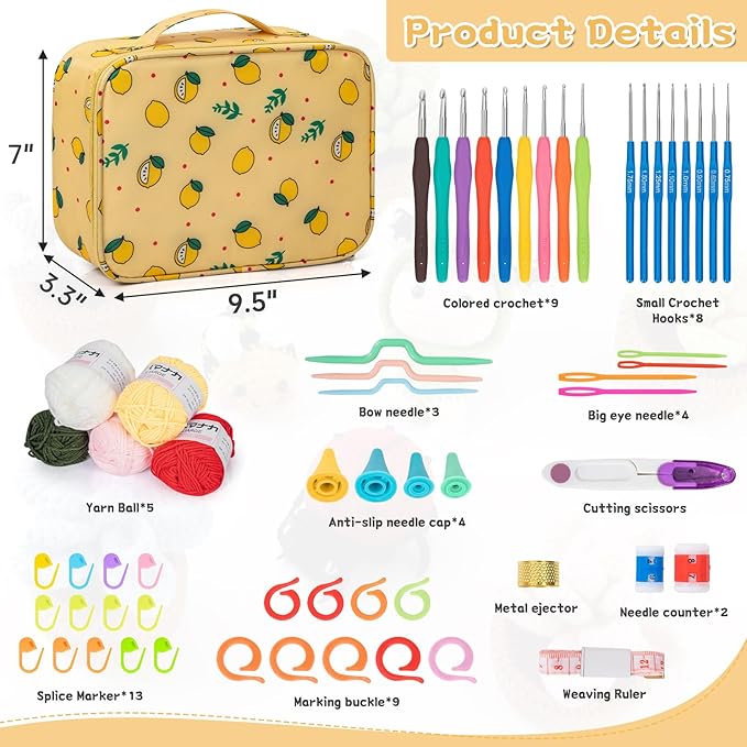 GMAK Crochet Kit for Beginners Adults, 59 PCS Crochet Sets Include Yarn, Crochet Hooks and Tools, Portable Crochets Starter Kit for Making Variety Projects Crochet Supplies, Yellow Lemon